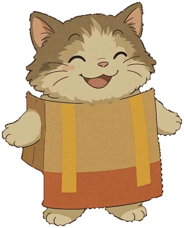 Smiling cat in a paper-bag costume with its arms open — the FitCraft mascot
